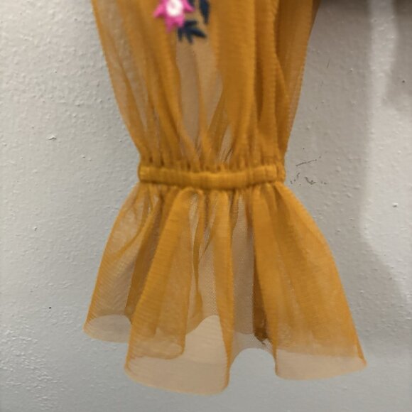 Anthropologie Embroidered Gold Smocked Tulle Blouse Size Medium Boho Peasant - Picture 6 of 15